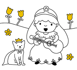 Online princesses coloring pages for children. Princess with guitar for kids