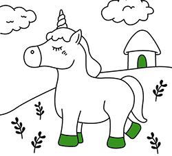 Online coloring pages to print and color. Free drawings for children: Unicorn's house