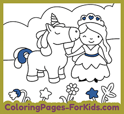 Printable princess coloring pages to color. Princess and unicorn to print and paint