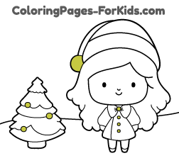 Free Christmas drawings for toddlers and online coloring pages to paint: Girl with little tree