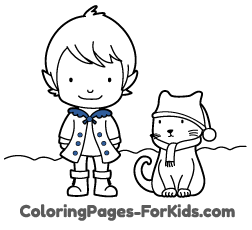 Free Christmas drawings for toddlers and online coloring pages to paint: Elf with cat