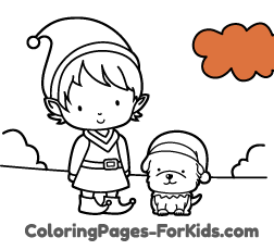 Free Christmas drawings for young kids and online coloring pages to paint: Elf with dog