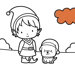 Online Christmas coloring pages for young children and toddlers: Elf with dog