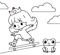 Free Princess drawings for young kids and online coloring pages to paint: Princess on skateboard