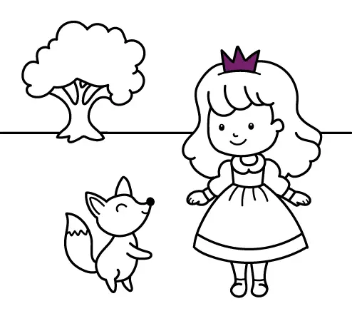 Free and online princess drawings for babies and young children: Princess and Fox
