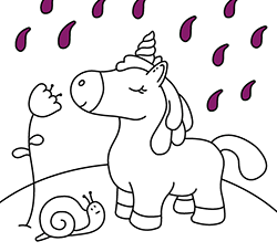 Coloring pages for kids and toddlers. Free drawings to paint: Unicorn in the rain