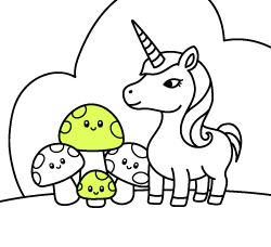 Free unicorn drawings to paint for young kids and online coloring pages for toddlers: Unicorn with mushrooms