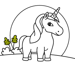 Free unicorn coloring pages for young kids and online drawings to paint: Sunset