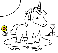 Free unicorn coloring pages for young kids and online drawings to paint for toddlers: Unicorn at the pond