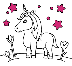 Free unicorn drawings to paint for young kids and online coloring pages for toddlers and young children: Unicorn between tulips