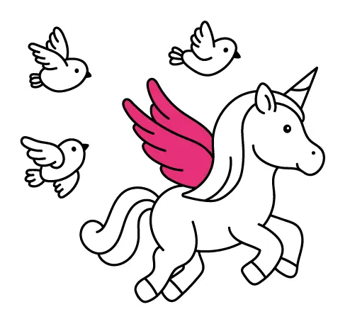 Online coloring pages for kids and free unicorn drawings for toddlers and babies: Unicorn flying with birds