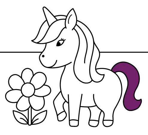 Free drawings and online coloring pages to paint unicorns for kids and babies: Unicorn with his flower