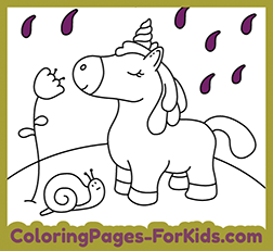 Free coloring pages to print and color. Drawings to paint for kids: Unicorn in the rain