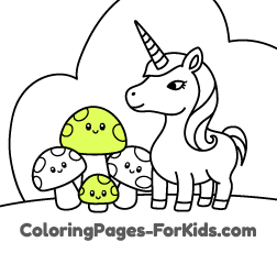 Online unicorn coloring pages for children and free drawings for young kids to paint: Unicorn with mushrooms