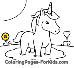 Online unicorn drawings for kids and free coloring pages to paint: Unicorn at the pond