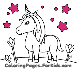 Online unicorn coloring pages for toddlers and free drawings for young kids and children to paint: Unicorn between tulips