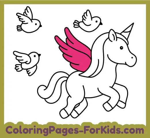 Online unicorn coloring pages for babies and youn kids: Unicorn flying with birds